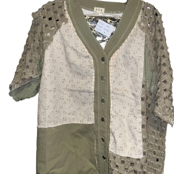 POL L Olive and Cream Patchwork V-Neck Button Front Top - Picture 2 of 5